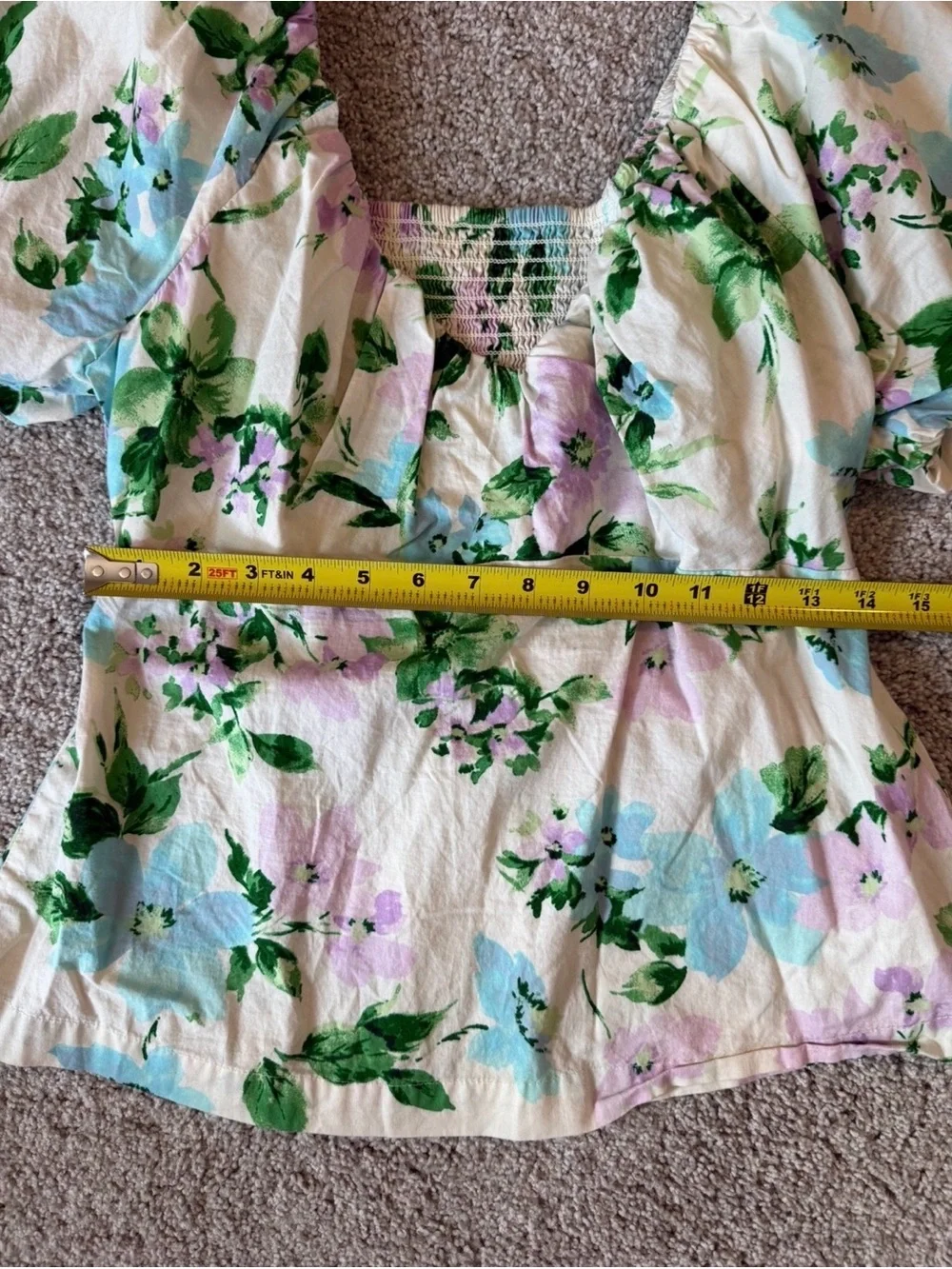 Cream Floral Puff-Sleeve Smocked Peplum Top